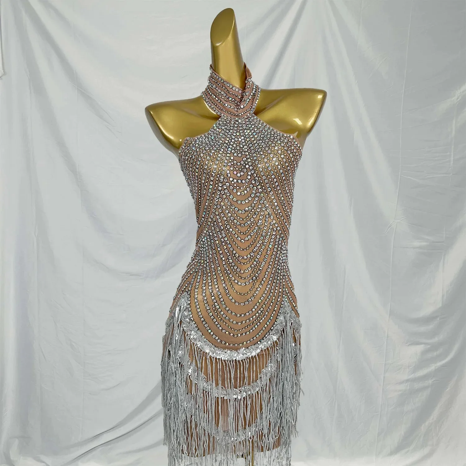 

Shining See Through Rhinestone Tassel Evening Gowns Performance Dance Costume Prom Mini Dress Women Sexy Night Club Dresses