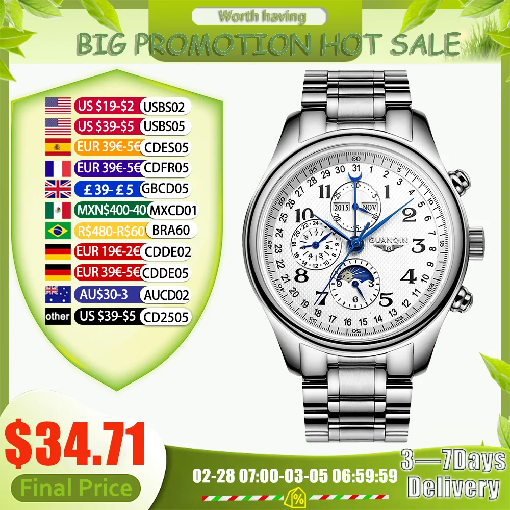 GUANQIN 2025 Men Watches Top Brand Luxury Mechanical Automatic Stainless Steel Waterproof Moon Watch Sapphire Wristwatch Clock