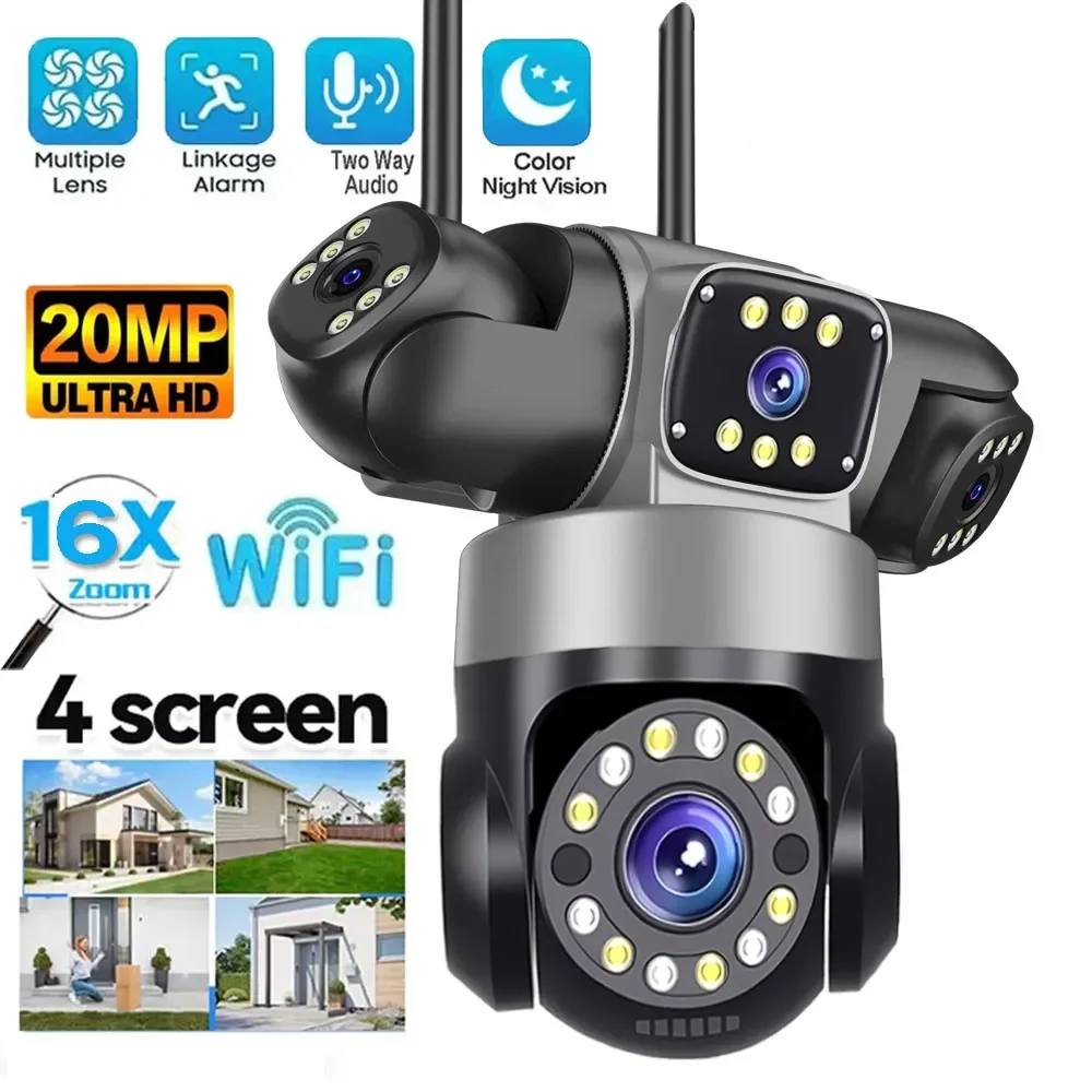 20MP WiFi IP Camera Outdoor 4 Lens 4 Screen 16X Zoom 6K 12MP Security Protection Wireless CCTV  Video Surveillance Cameras