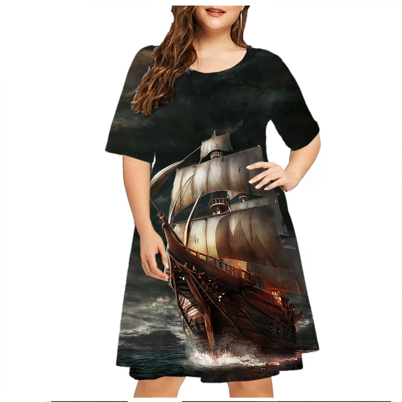 2023 Summer Vintage Ship Scenery Dress Women Short Sleeve Loose Casual Dresses Plus Size Female Clothing 6XL Sundress Vestidos