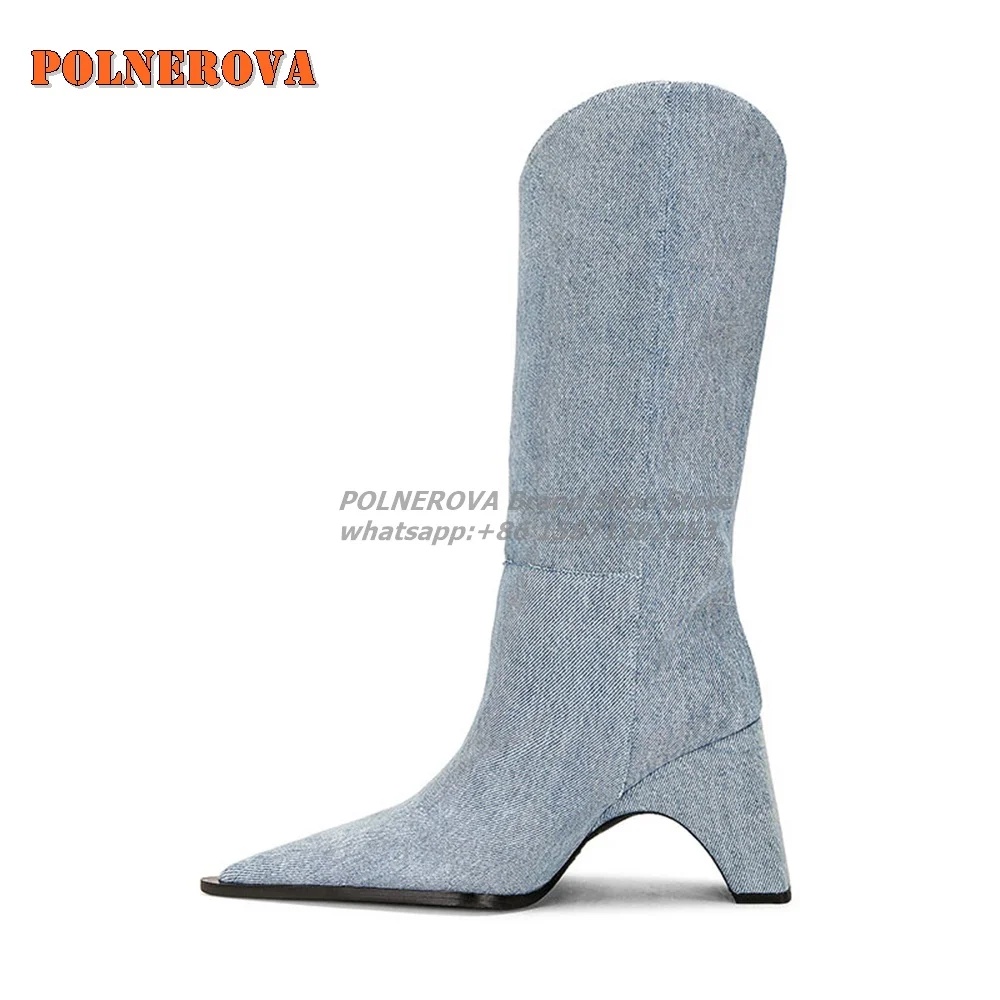 Denim Strange Style Splicing Modern Boots Pointed Toe V-Cut Pull On Plus Size Solid Sexy Women Mid Calf Boot 2024 New Arrivals