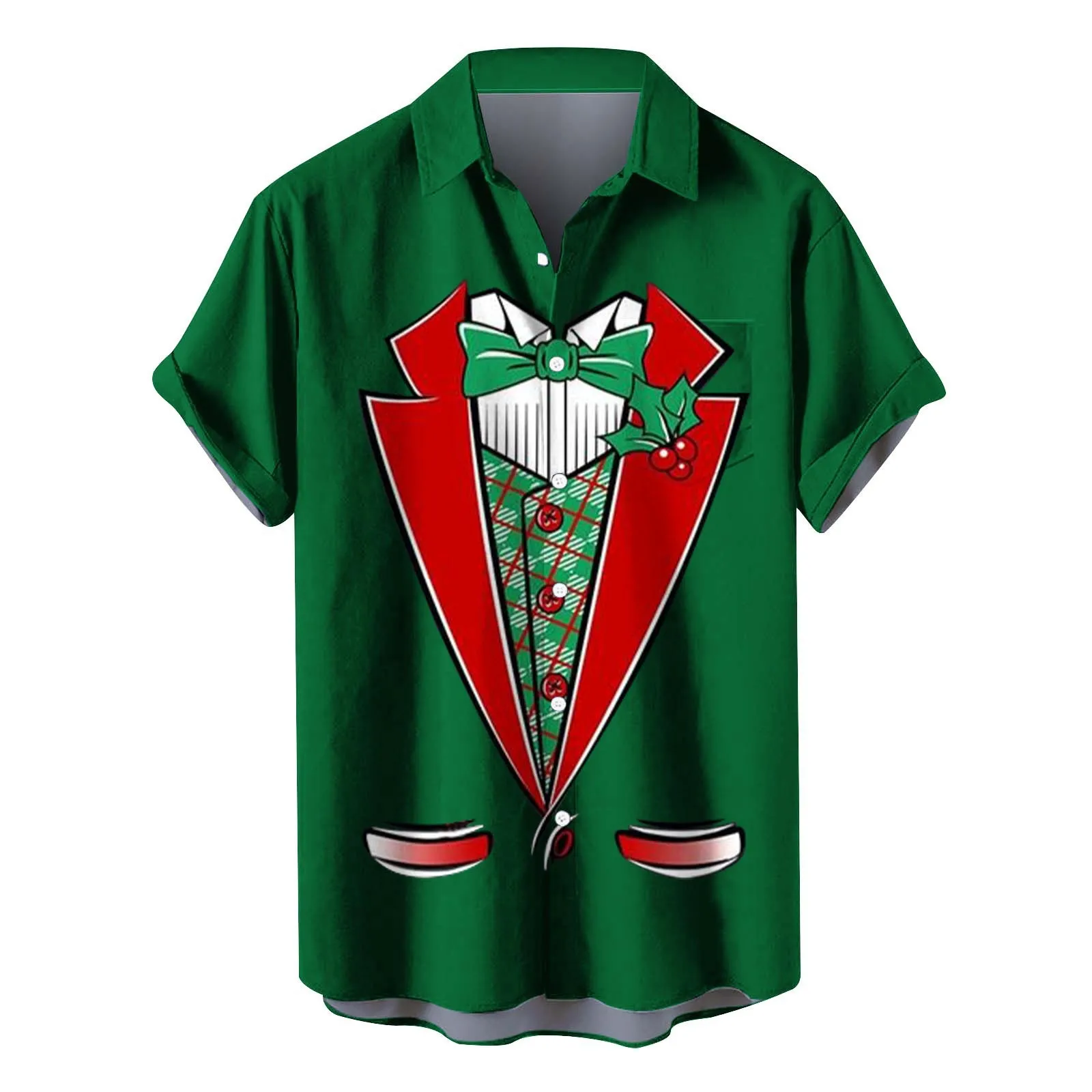 2025 Nuova camicia da uomo a maniche corte allentata con stampa digitale 3D con papillon a blocchi di colore transfrontalieri di Babbo Natale