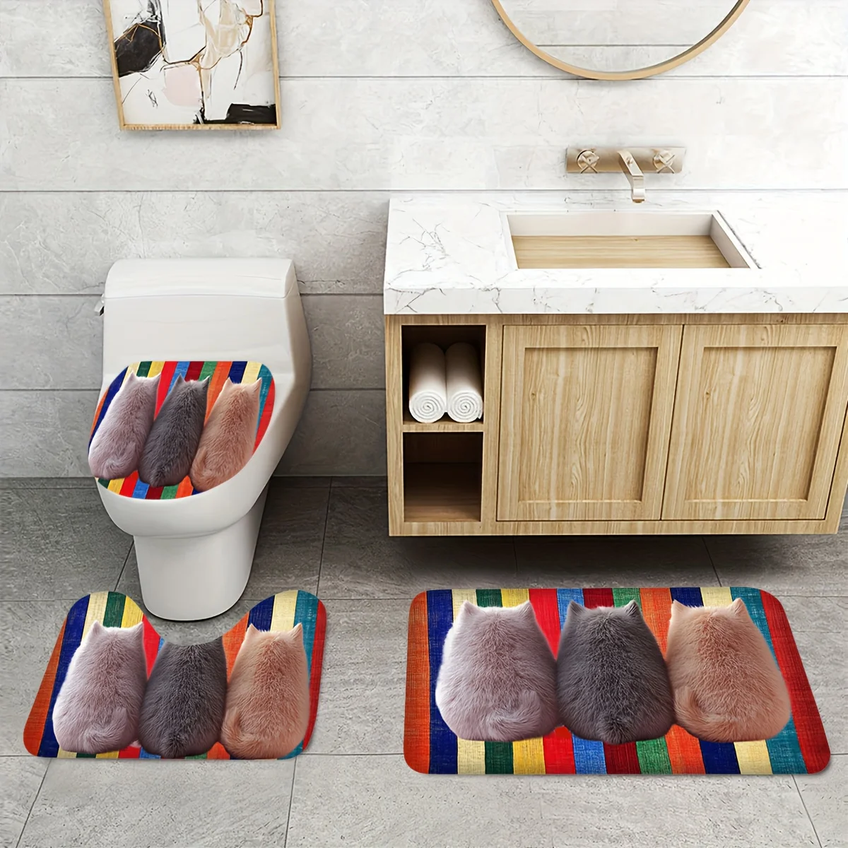 

3pcs Vibrant Striped Cat Back Design Bathroom Mat Set - Soft Flannel, Rectangular Floor Mats for Toilet & Sink Area, Colorful