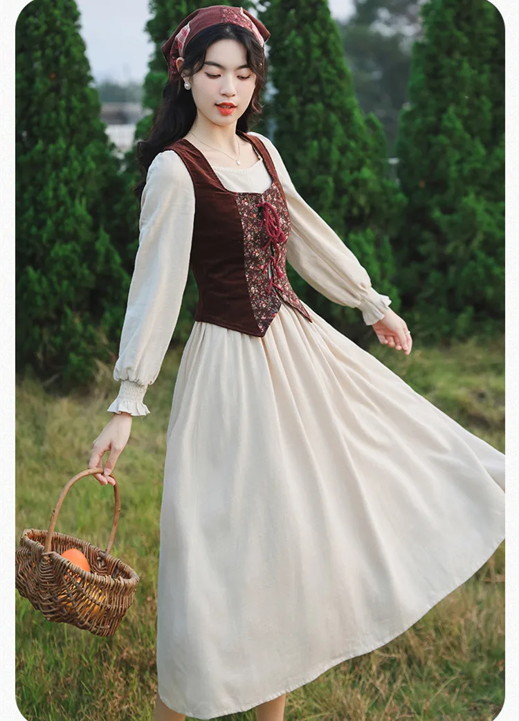 فستان من الكتان القطني على الطراز الفرنسي للنساء في القرون الوسطى فساتين قطنية برجية أنيقة موري فتاة خمر ريترو فيستدو فيستا