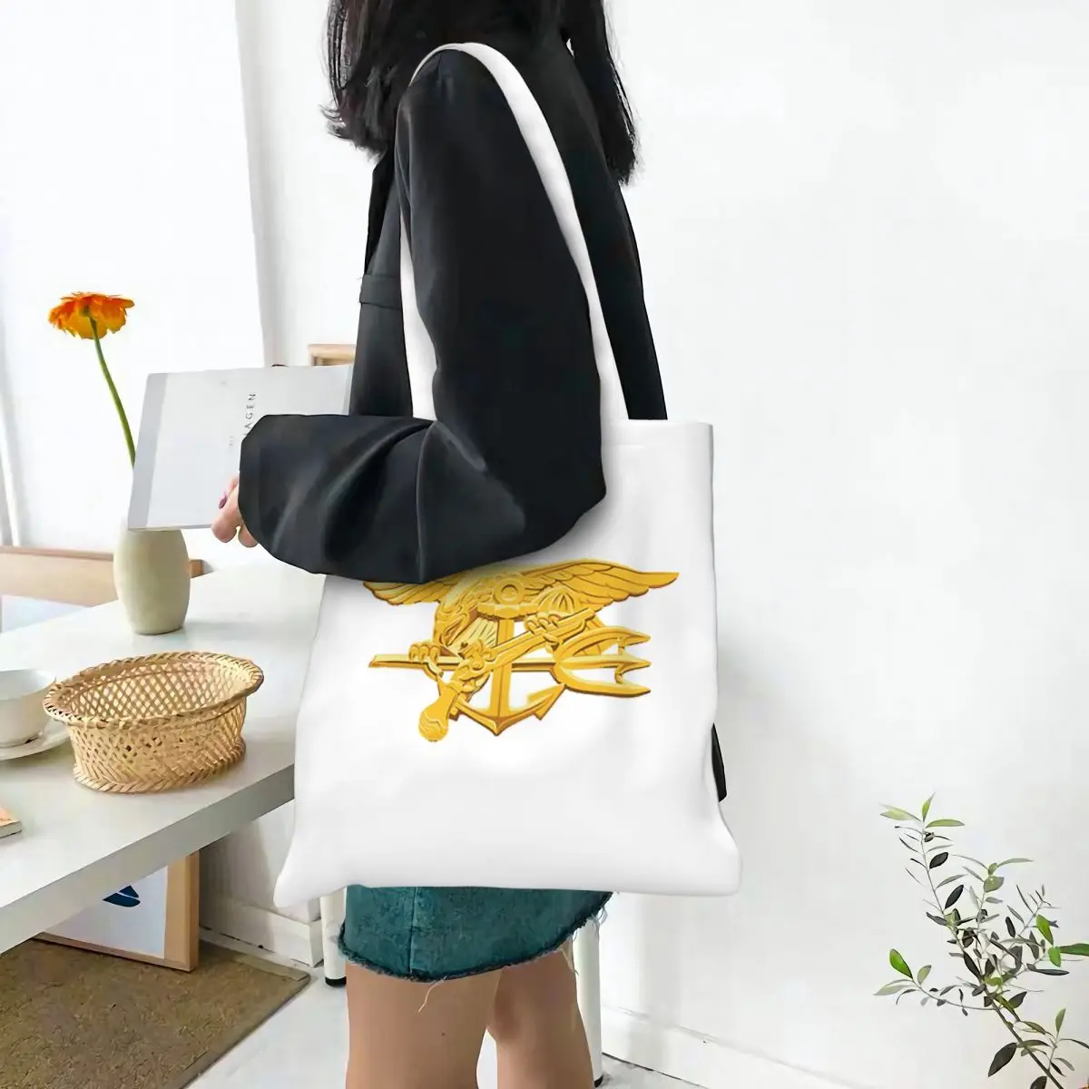 Navy Seals Badge Shopping Bags Canvas The Tote Bag Reusable for Ladies Shoulder Tote Travel Handbag