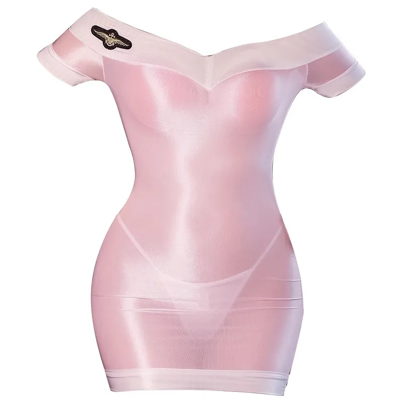 Vestido ajustado con cuello oblicuo para mujer, minivestido Sexy brillante, transparente, cruzado en la cadera, Color caramelo