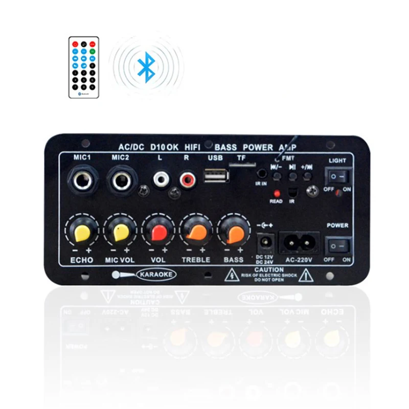 AC 220V 12v 24v Digital Bluetooth Stereo Amplifier Board Subwoofer Dual Microphone Karaoke Amplifiers For 8-12 Inch Speaker