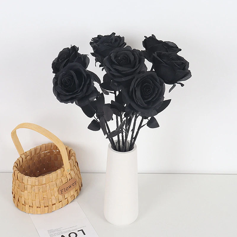 Halloween Ghost Festival Dark Series Pure Black Single Rose Horror Gothic Style Bouquet Decoration Home Garden Room Decor