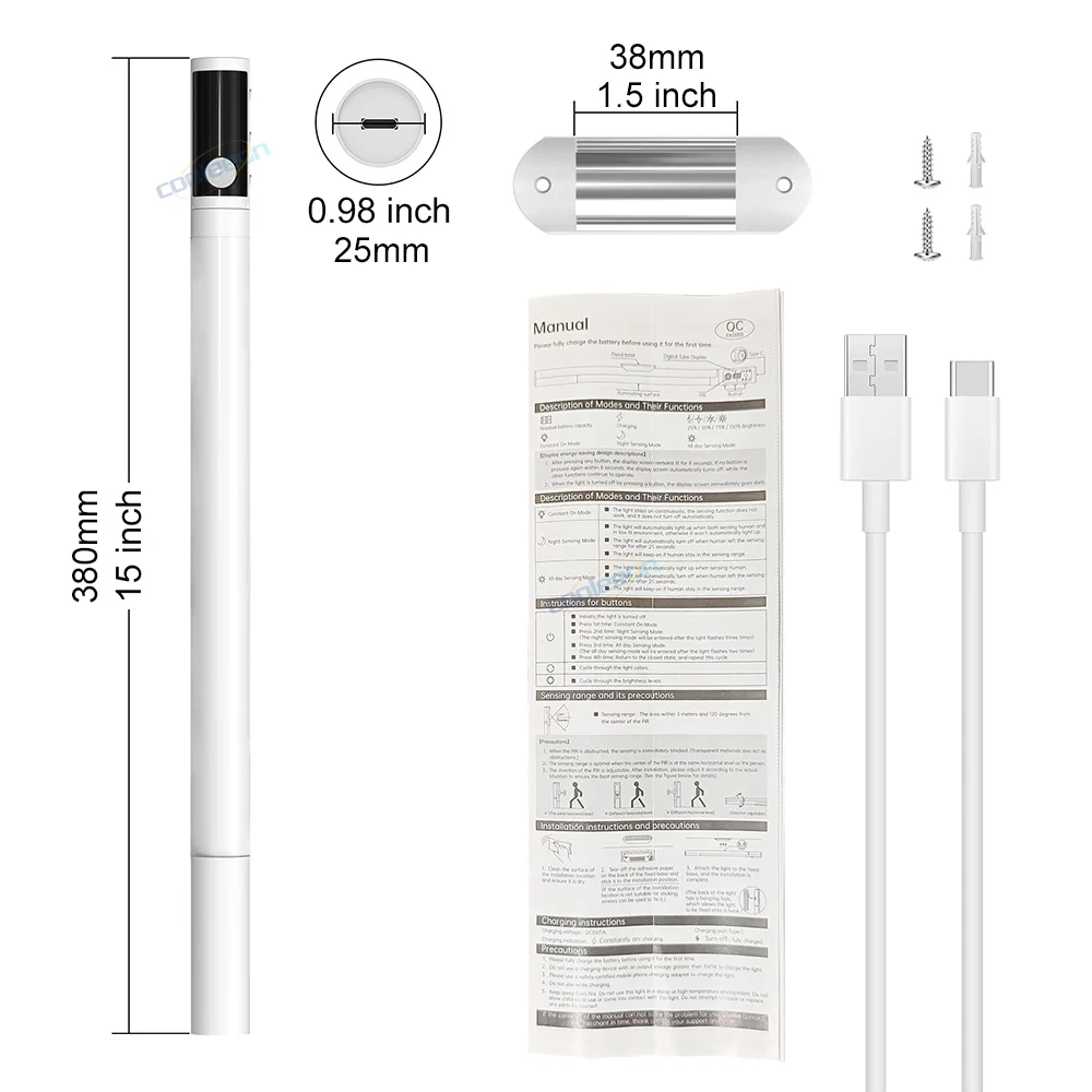 PIR 모션 센서 라이트, C 타입 충전식 야간 조명, 캐비닛 아래 라이트 바, 디지털 스크린, 3 가지 색상 조정 가능