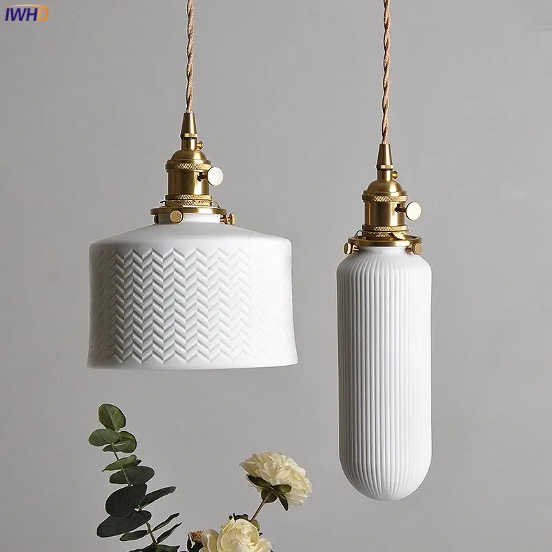 

Nordic White Ceramic LED Pendant Lights Fixtures Knob Switch For Bedroom Dinning Living Room Modern Copper Hanging Lamp