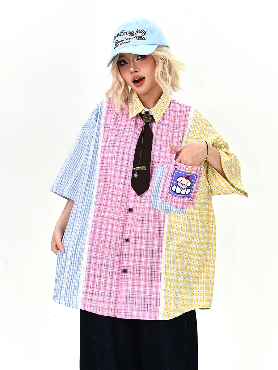 

Новая летняя свободная женская рубашка в клетку с коротким рукавом, в стиле пэчворк, в американском студенческом стиле, удобная повседневная модная модель