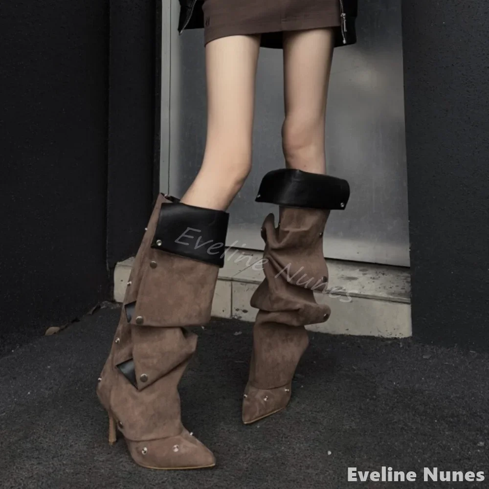 

Turned-over Edge Splicing Knee High Boots Women Leather Pointed Toe Solid Thin Heels Boots 2024 New Fashion Back Zipper Boots