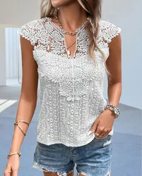 Luxury Lace Patchwork Solid Color Tops women's  V-neck Short Sleeved Blouse Summer Elegant T-shirt