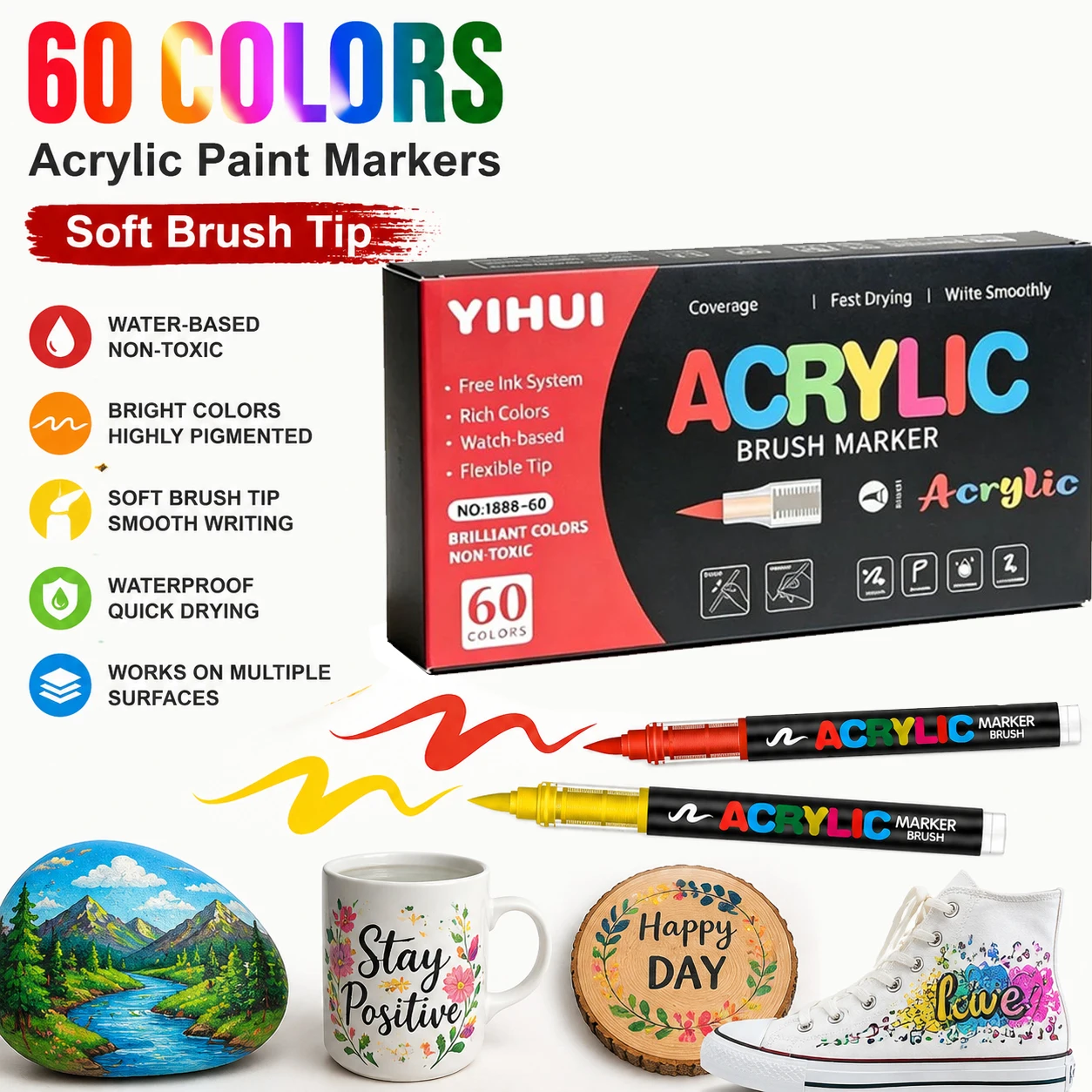 60 Colors Soft Brush Tip Acrylic Markers Pen Set, Paint Pens for Rock, Wood, Fabric, Glass, DIY Crafts, Waterproof Paint Markers