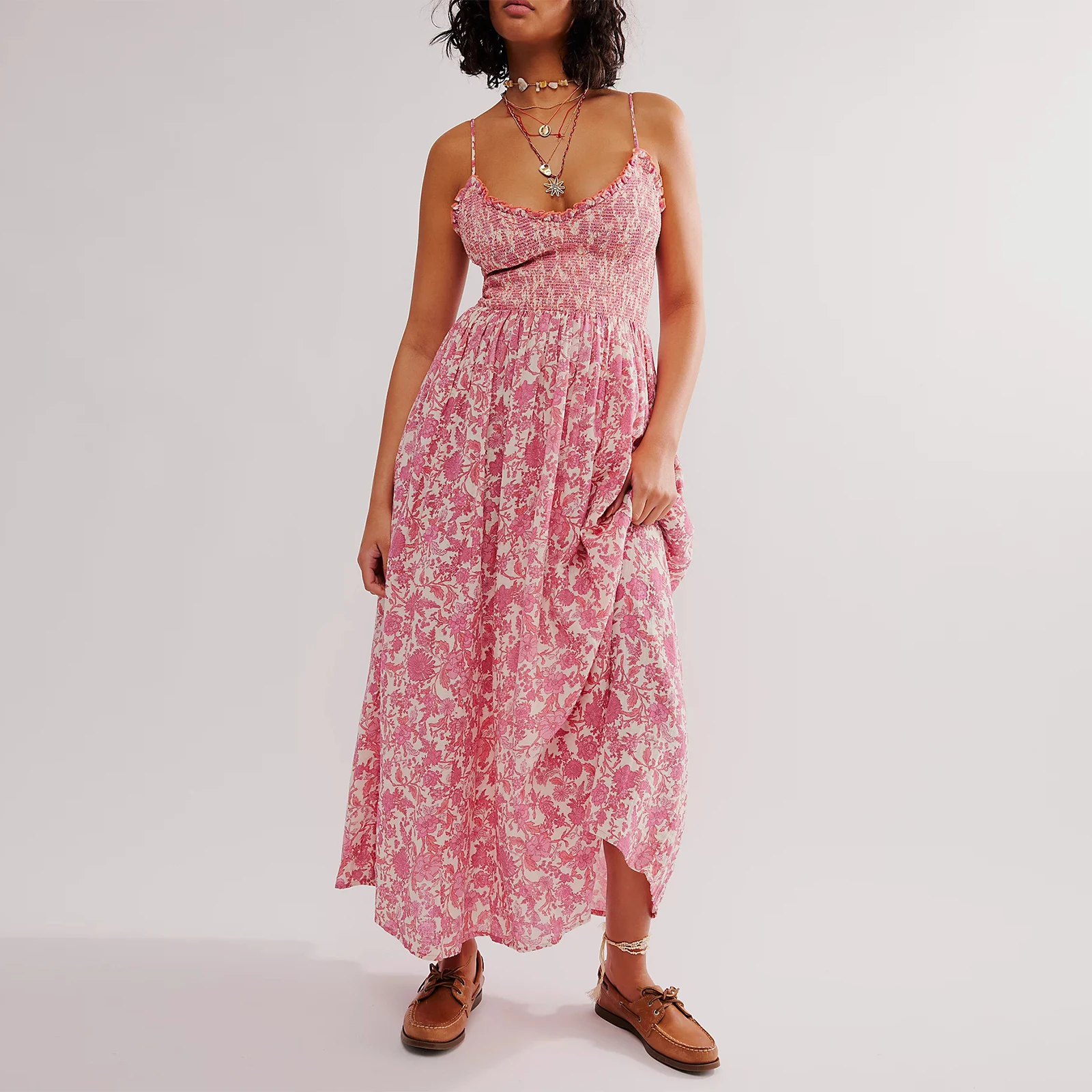 

Women Long Dress Spaghetti Straps Backless Floral Swing Dress Summer Slip Dress for Cocktail Beach Party High Streetwear