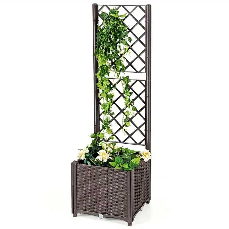 

Outdoor Plant Brown Trellis Raised Bed with Drainage Plug with Large Flower Boxes- Built-in Support for Climbing Plants