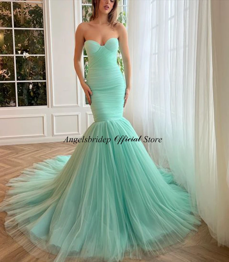 Angelsbridep Mint Mermaid Prom Dresses Vestidos De Noche Sweetheart Tulle Sweep Train abito da sera Robe De Soirée abiti da festa