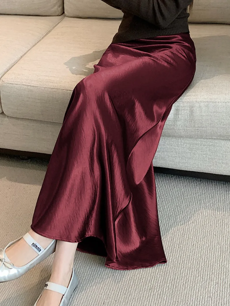 

Acetate Satin Fi Tail f Skirt Women's High Waist Spring Long Ankle Length Slimming Wrap around Skirt Commute Sle