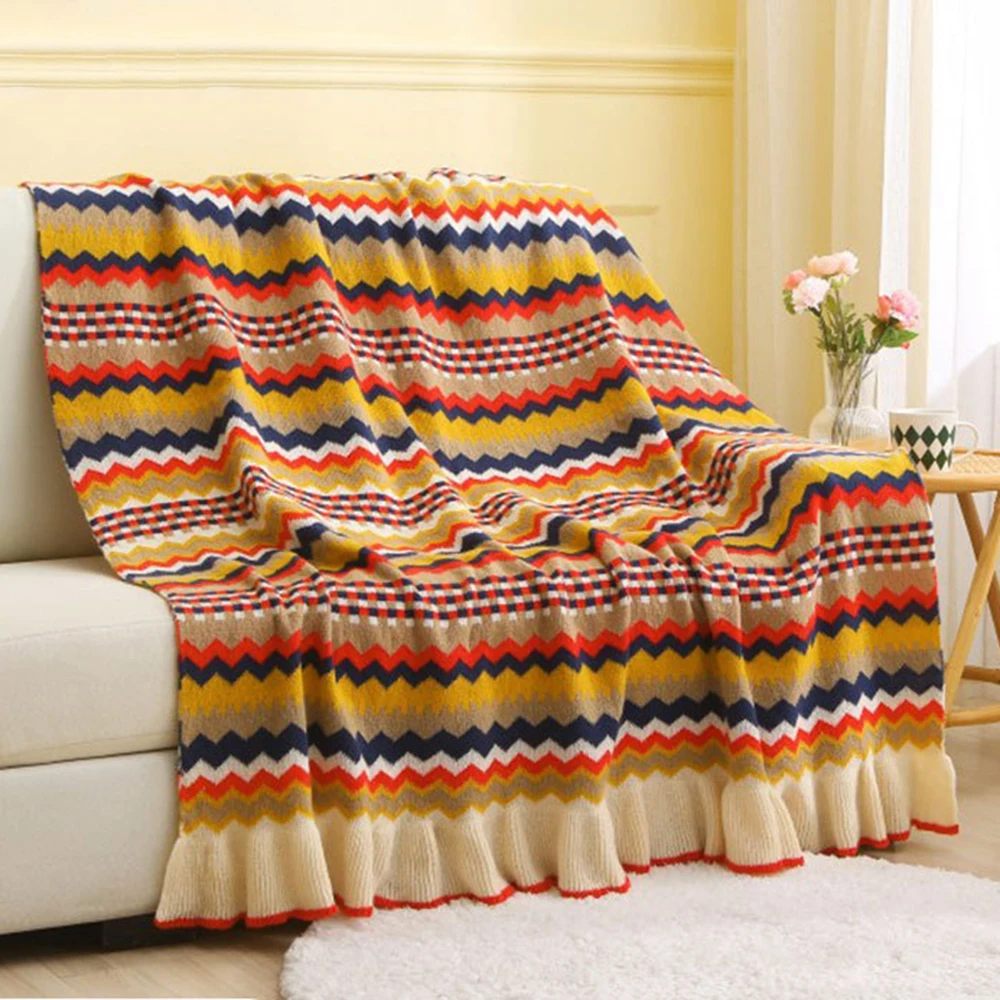 Boho Striped Knitted Blanket Soft Ruffled Oversized Blanket Decorative Living Room Sofa Blanket Warm Office Nap Cover Blankets