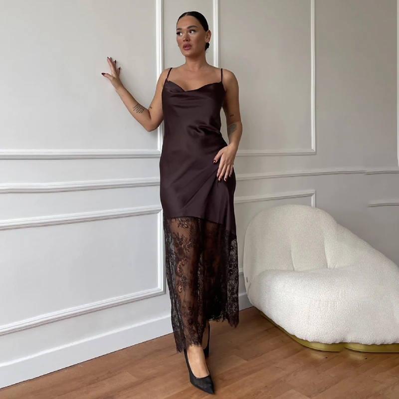 Satin Spitze Sling Langes Kleid Für Frauen Ärmelloses V-ausschnitt Splice Abend Party Kleid 2026 Neue Weibliche Elegante Lange Kleider