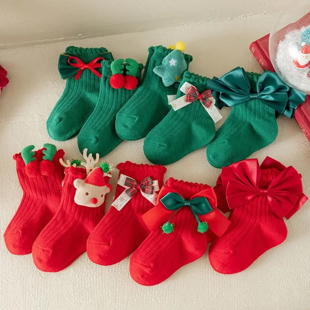 Soft Red Green Children Christmas Socks Bowknot Antlers Mid Tube Socks Christmas Tree Hosiery Kid Cotton Socks Children