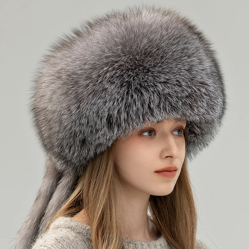 

New Winter Women's Hat 100% Real Silver Fox Fur Bomber Hat Raccoon Fur Cap Trapper Russian Women Ski Hats Caps Plush Ski Mask