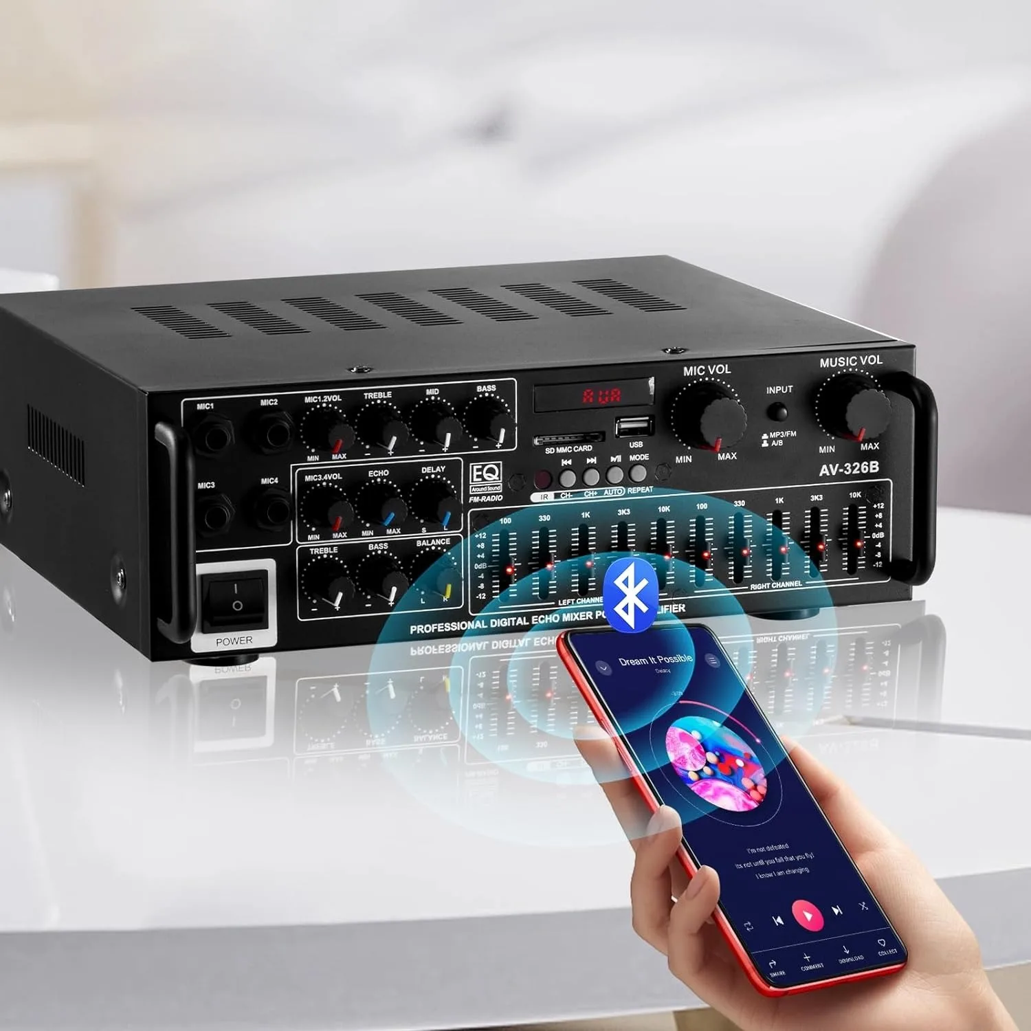 High Power Home Amplifier AV 12V/110V/220V 4 Channels Bluetooth 5.0 Equalizer Car Outdoor Karaoke Support USB/SD Card Playback