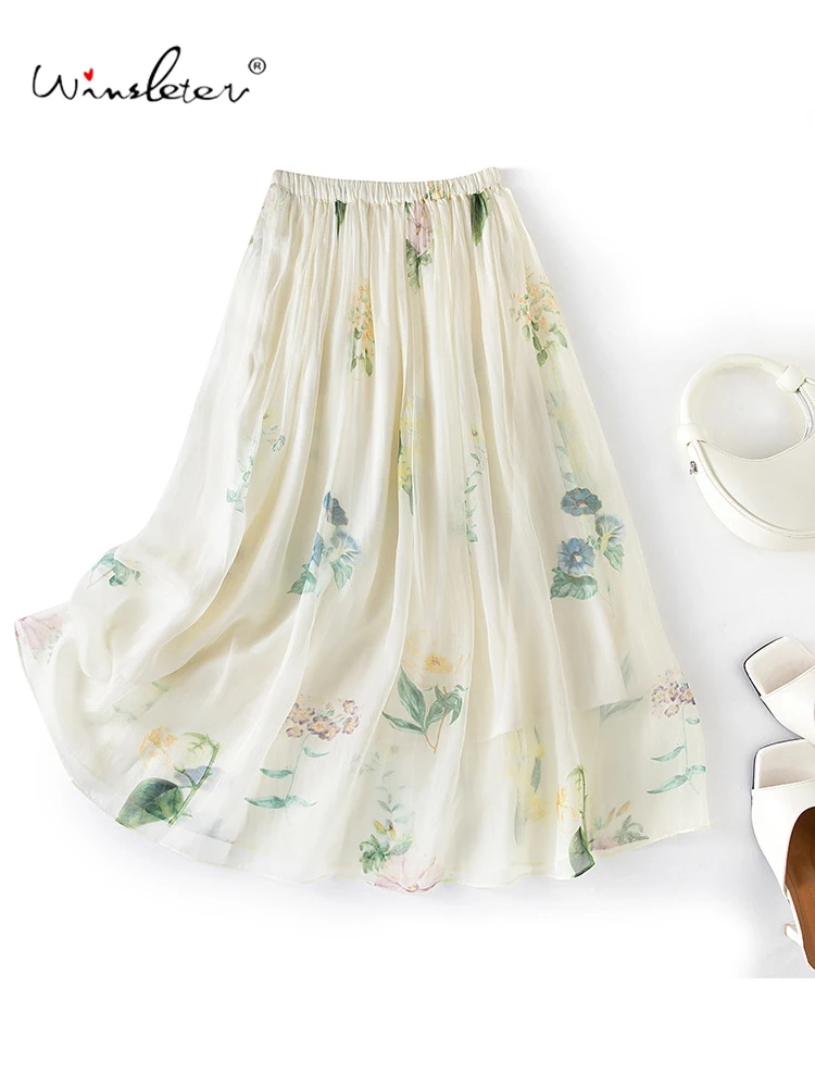 

Winsleter-Женские элегантные юбки из 100% шелка, эластичная талия с принтом, темпераментная универсальная шикарная юбка трапециевидной формы, осень 2021, B59140CC