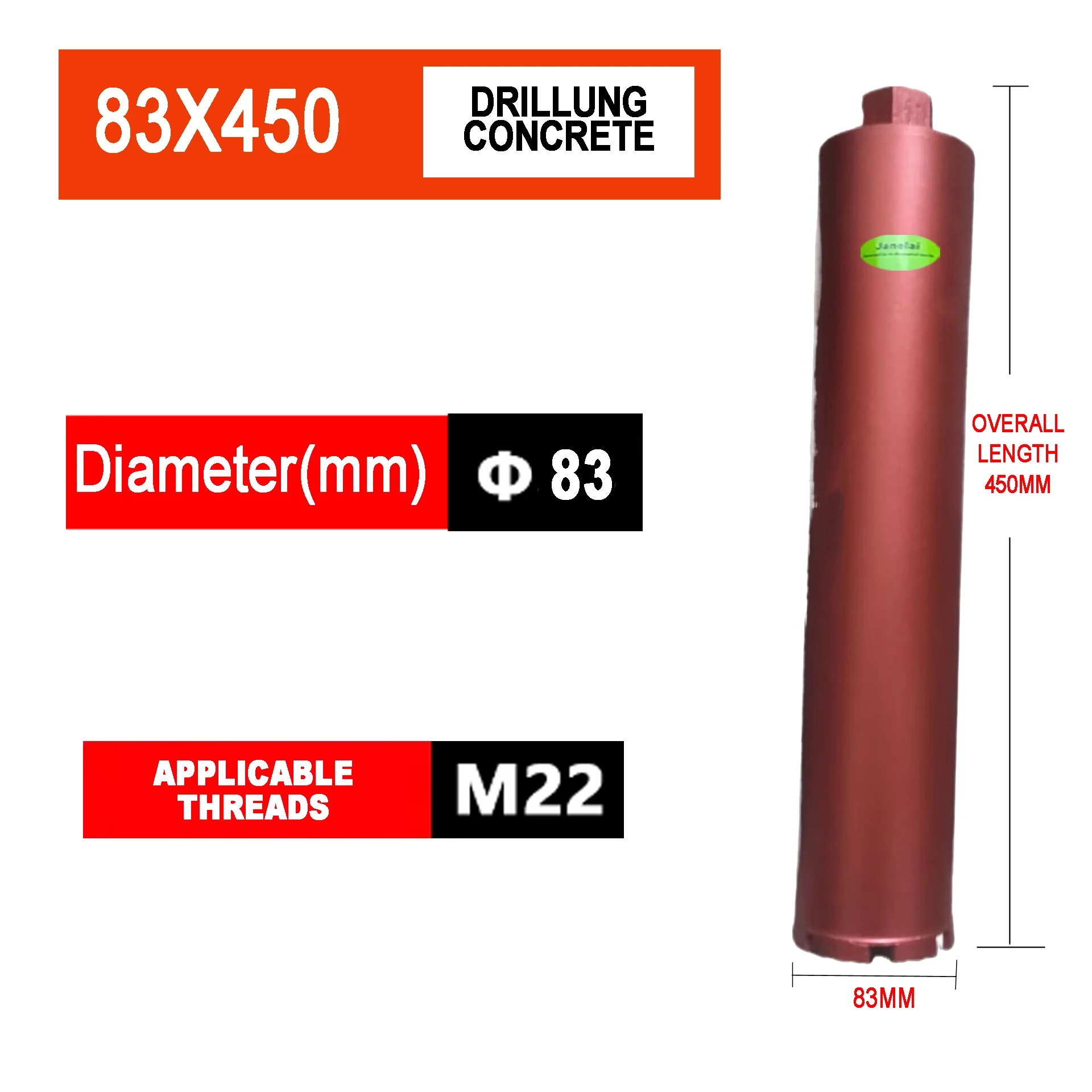 

Janelai Diameter Range 83x450mm Length Diamond Hole Saw Core Bit Deep hole drill For Drilling Holes On Concrete/Brick Wall