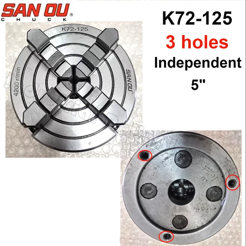 Carbide Sanou K72-125 Chuck with Three Holes Small 4 Jaw 5" Lathe Chuck