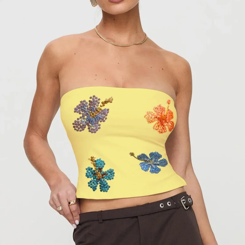 Womens Sequin Strapless Tube Top Y2k Sparkle Floral Sleeveless Backless Slim Fit Floral Top Off Shoulder Going Out Bandeau Tops