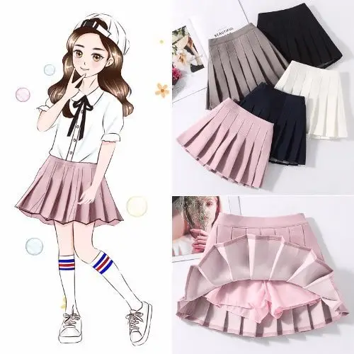 Academy Style Girl Pleated Set, Summer Middle And Large Children's White Pants, Primary School Student Black Short Skirt