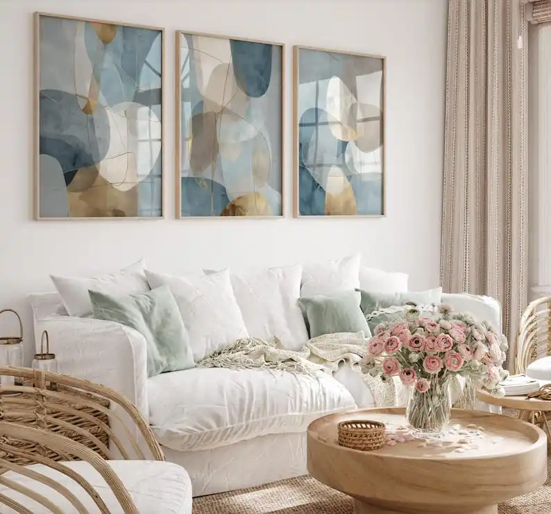 3pcs/set Abstract Blue-gray Gold Geometric Canvas Prints Neutral Earthy Pink Green Wall Art Posters for Living Room Home Decor
