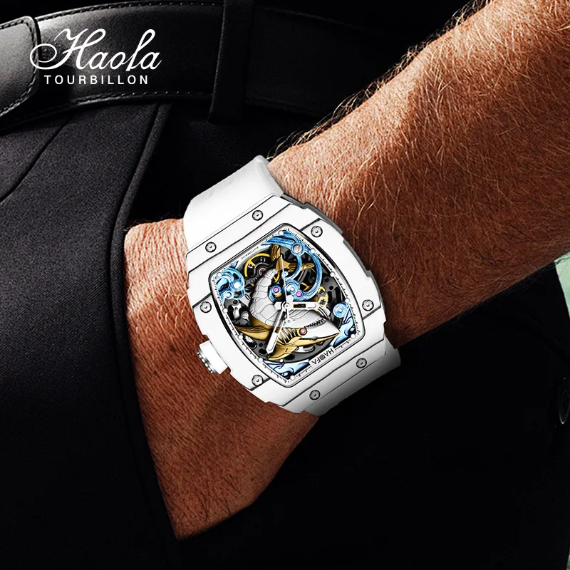 

Мужские часы Haofa из углеродного волокна, автоматические механические часы с 3D акулой, киберпанк, скелетон для мужчин, винтажные светящиеся часы 1990 г.