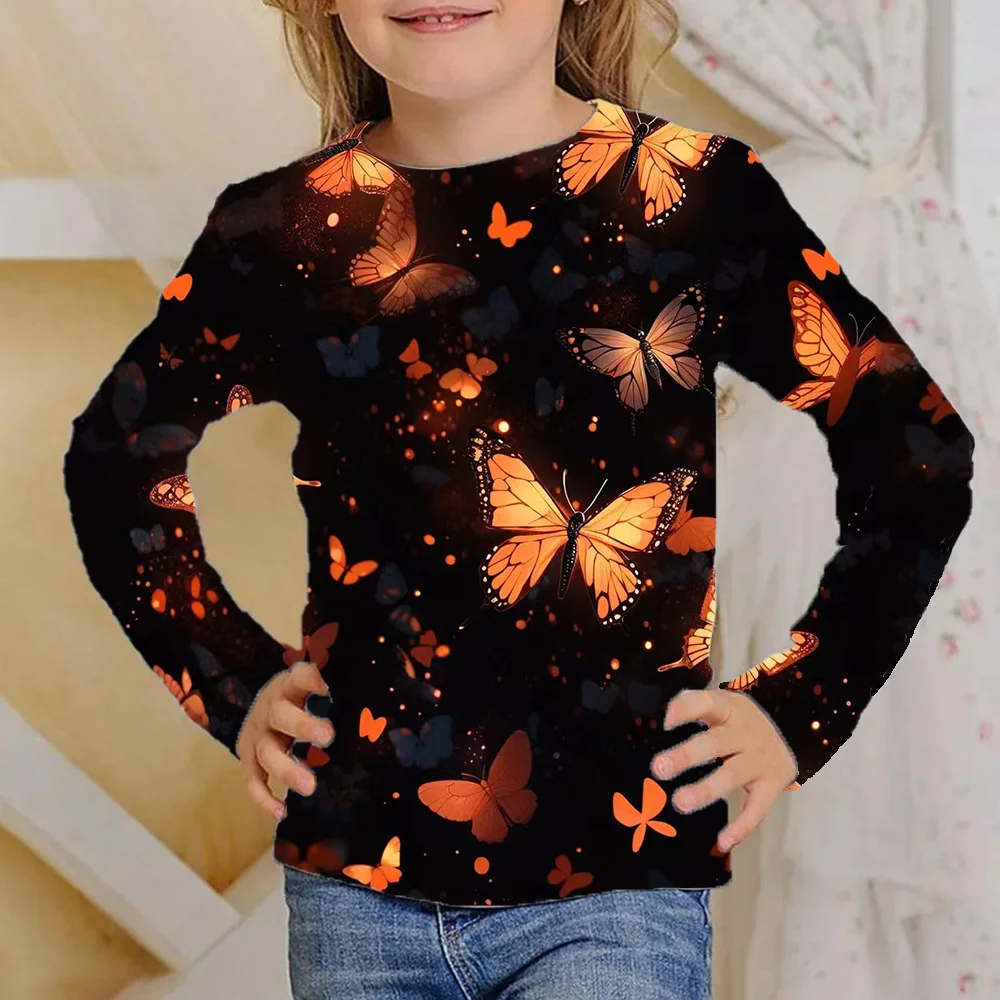 Vestiti ragazze da 4 a 12 anni farfalla glow nero manica lunga t-shirt bambini 2023 moda autunno top per bambini magliette