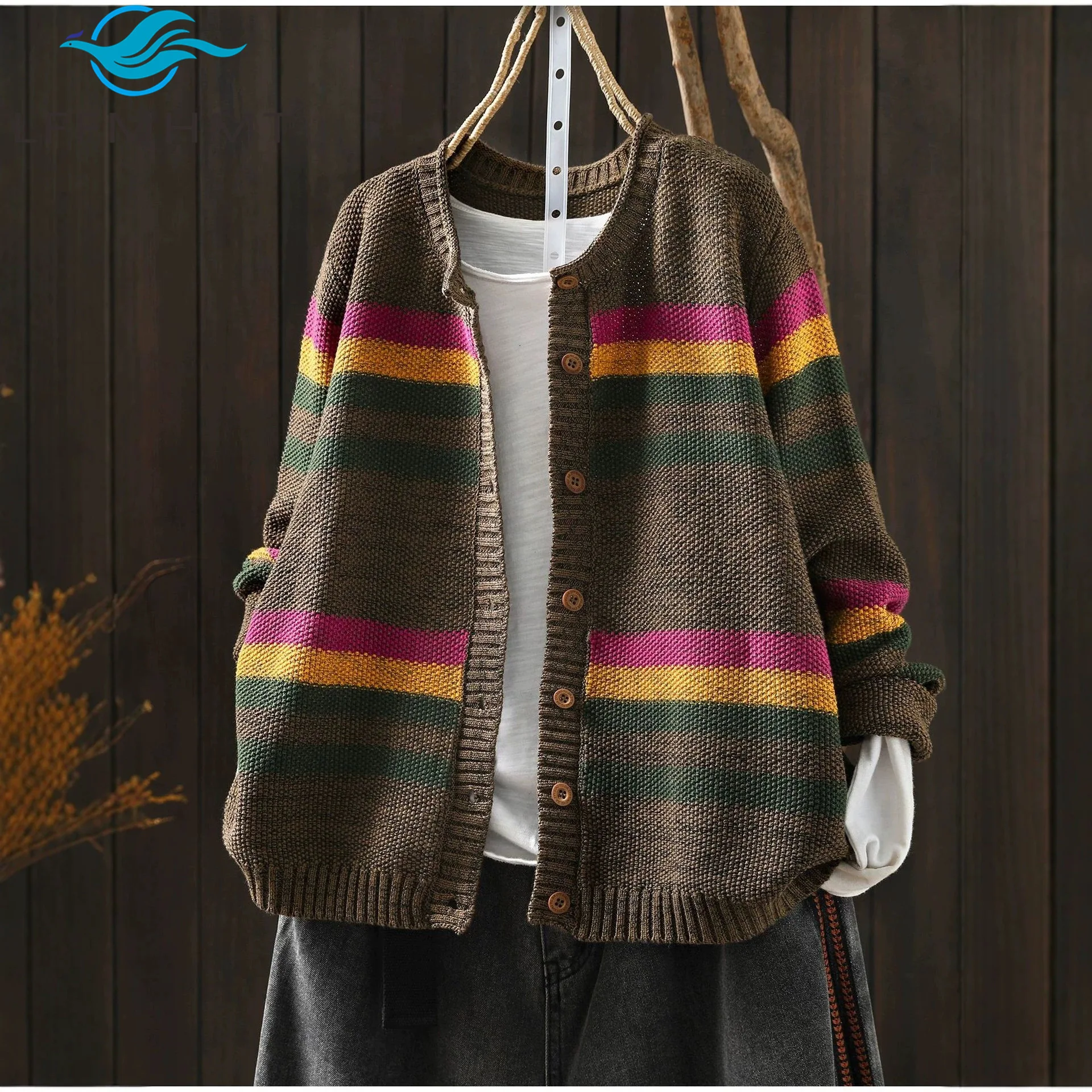 Retro Striped Cardigan for Women Casual Button Down Knit Sweater Coat Lightweight Cotton Outerwear Early Autumn