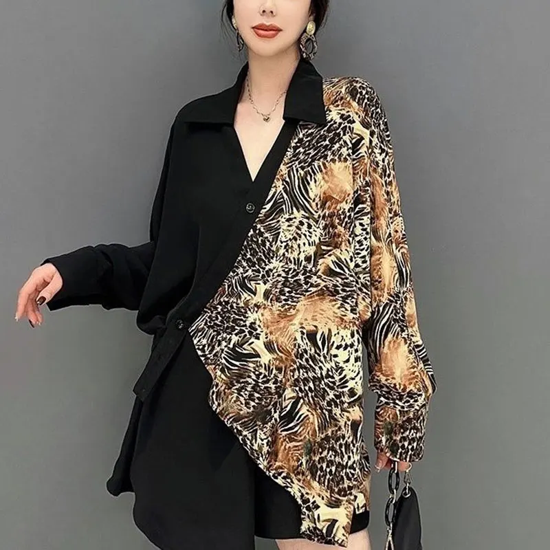 Korean Printed Asymmetrical Blouse Patchwork Female Clothing Stylish Single-breasted Spring Autumn New V-Neck Casual Loose Shirt