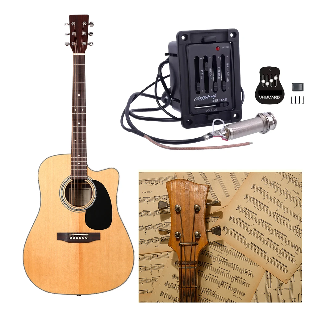 

4-полосный звукосниматель для акустической гитары с регулятором громкости, предусилителем, эквалайзером и тюнером, аксессуары для гитар