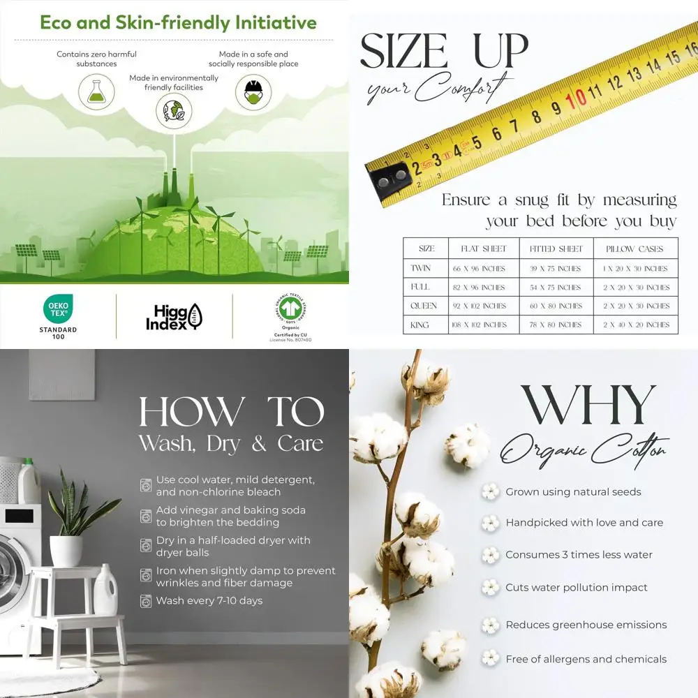 

Pure Organic Cotton Percale Sheets - Cool, Breathable, Deep Pocket, Soft & Durable, 4-Piece Set