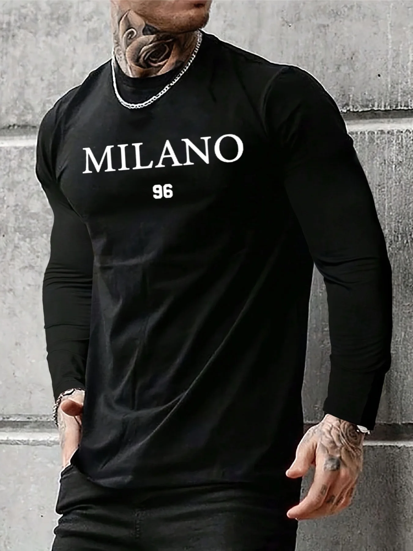 100% pure cotton men's long sleeved round neck loose casual MILANO 96 printed spring and autumn versatile T-shirt top