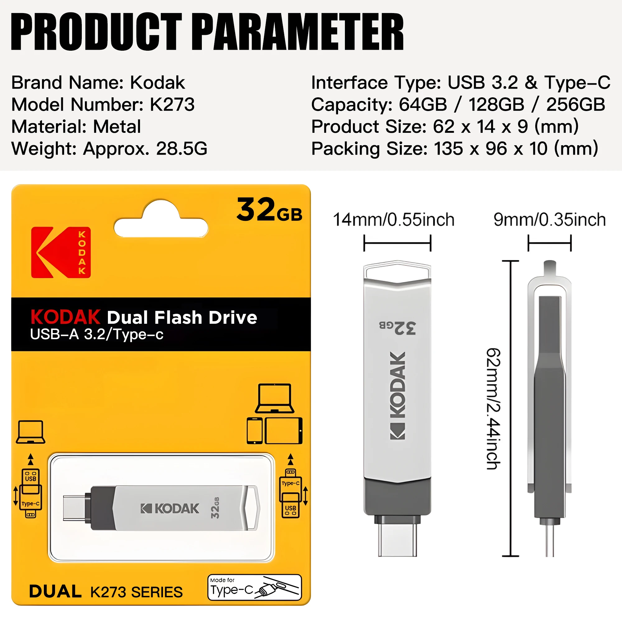 3 шт. Kodak K273 USB 3.2 Type C 2 в 1 высокоскоростной для смартфона ноутбука