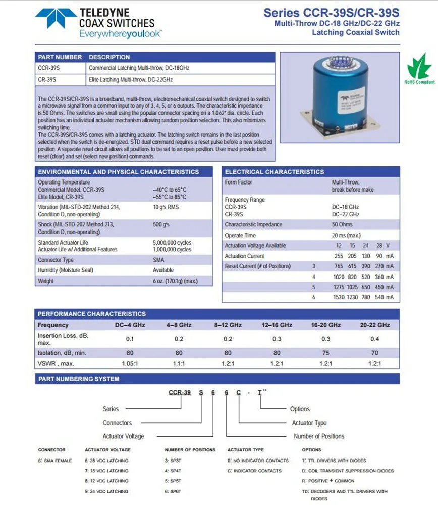 TELEDYNE CCT-39S86C 12V DC-18GHz RF SP6T  SMA RF microwave coaxial switch