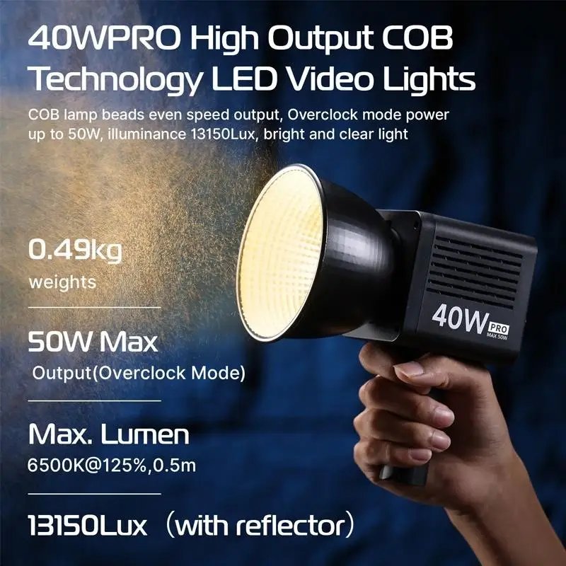 L023 40W Pro Portable LED Video Light Bi-Color COB Photographic Studio Light 2500K-6500K 3400mAh for Video Live-streaming