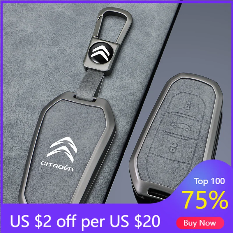 

2026 Hot Car Sticker Zinc Alloy Leather Car Remote Key Case Cover Shell Keychain For Citroen C4 C6 C3-XR Picasso Grand DS DS5 C5
