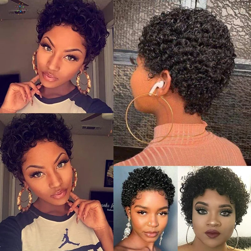 Short Curly 99J Wig For Woman 100% Human Hair Wigs Full Machine Made Pixie Curl Kinky Curly Wigs Cheap Wigs on Sale Clearance