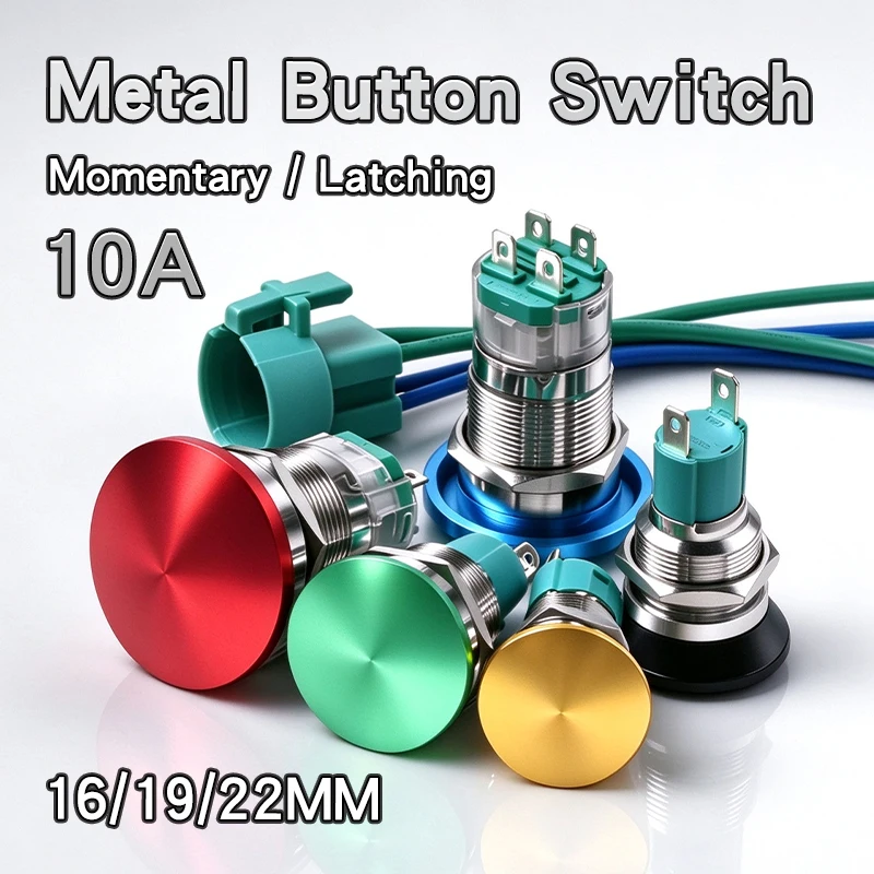 16/19/22MM 10A High Current Metal Push Button Switch Mushroom Head Momentary Latching IP65 Waterproof Start Button Red Green