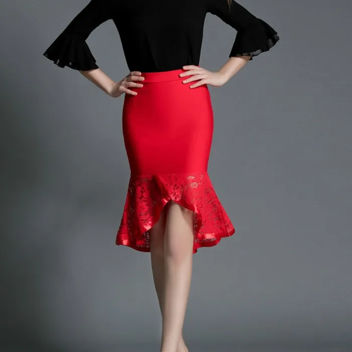 European and American Style New Lace Skirt Long Lotus Leaf Package Hip Elastic Red Sexy Fishtail Skirt Plus Size S-5XL