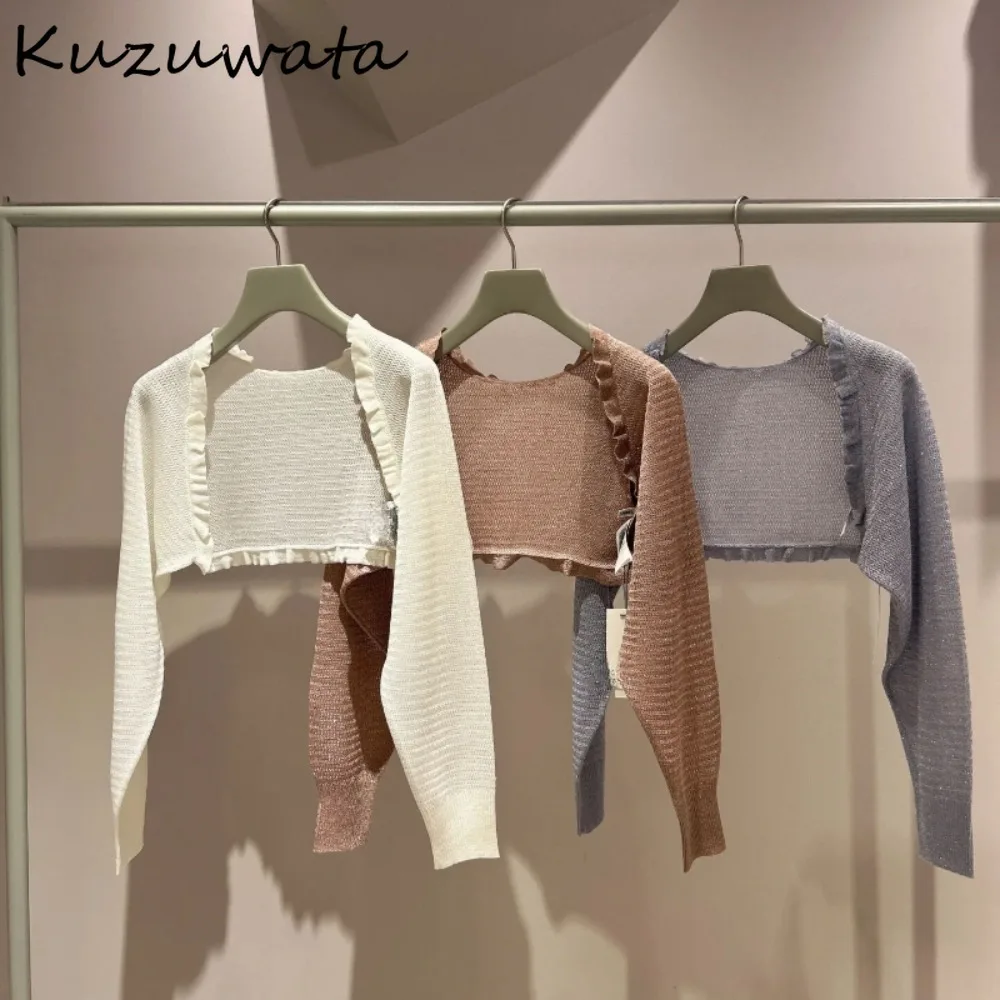 Kuzuwata 2024 Summer New U Neck Long Sleeve Sweaters All-match Sweet Fungus Casual Moda Cardigan Japan Knit Elegant Cute Jumper