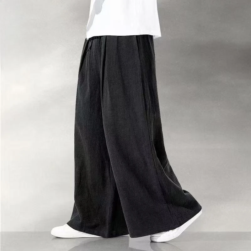 Mens Chinese Style Linen Loose Bell Bottom Casual Fat Friendly Wide Leg Skirt Pants Drape Feel Cotton Linen Zen Trousers