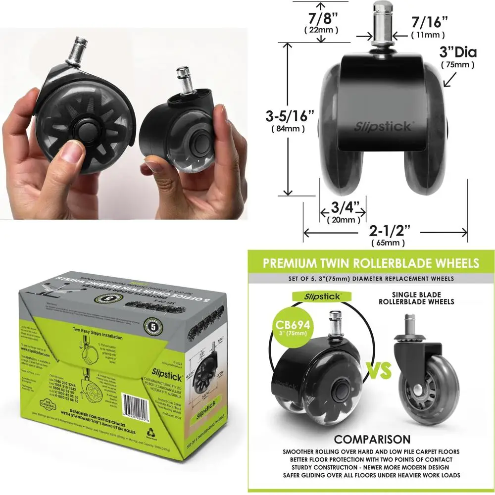

Dual Office Chair Caster Wheels Set of 5 - Premium Rubber, Smooth Rolling on All Floors